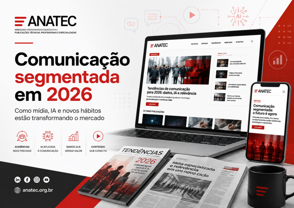 Comunicação segmentada em 2026 com mídia digital, inteligência artificial e mercado editorial