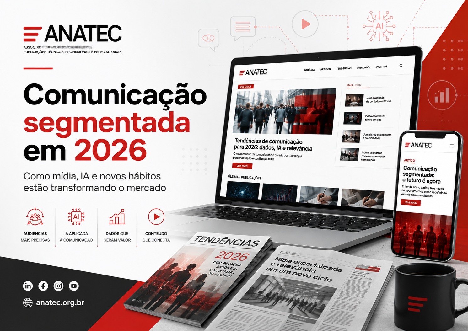 Comunicação segmentada em 2026 com mídia digital, inteligência artificial e mercado editorial